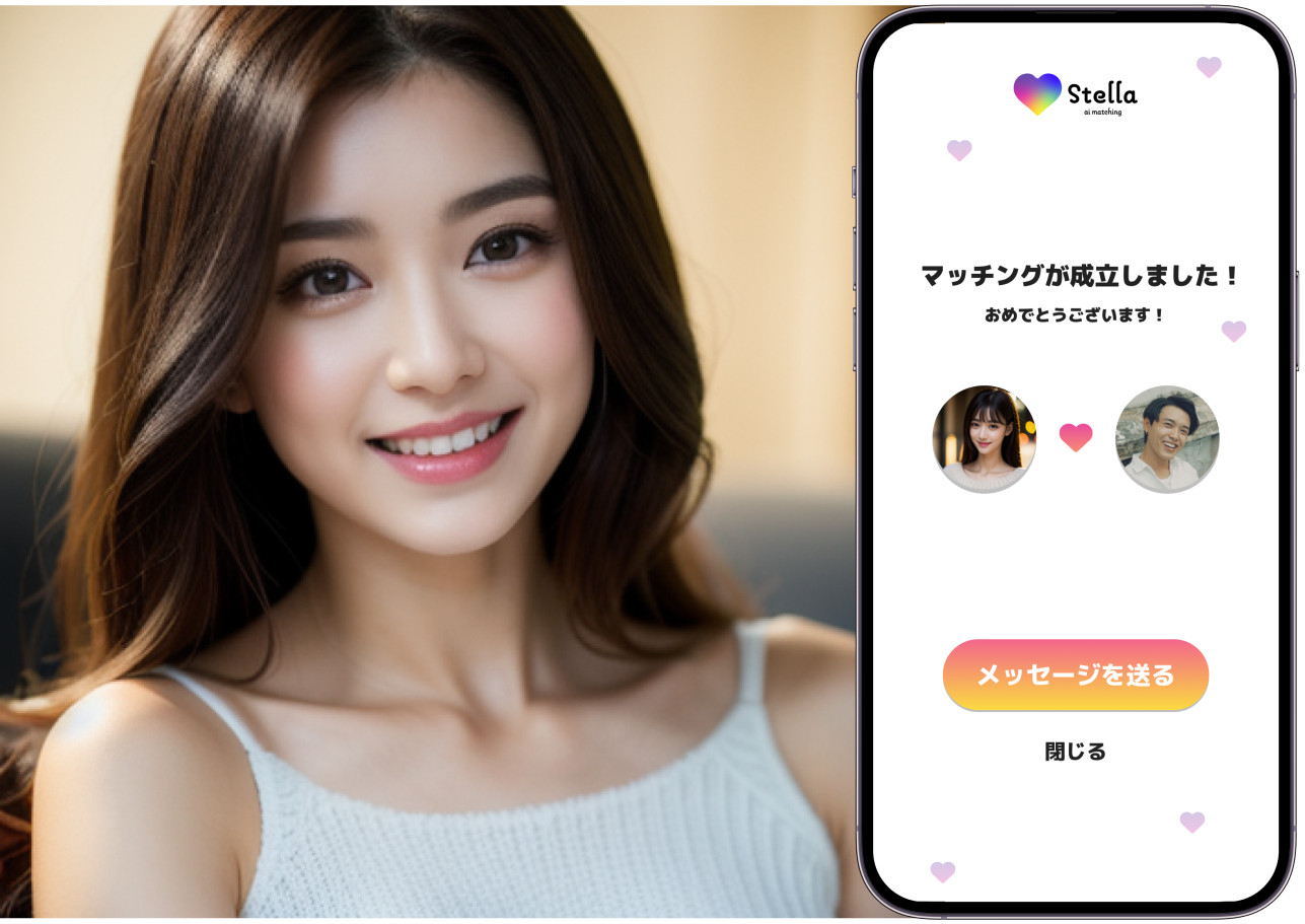 graphic of an AI generated woman and a screenshot of the Stella mobile app's match success screen